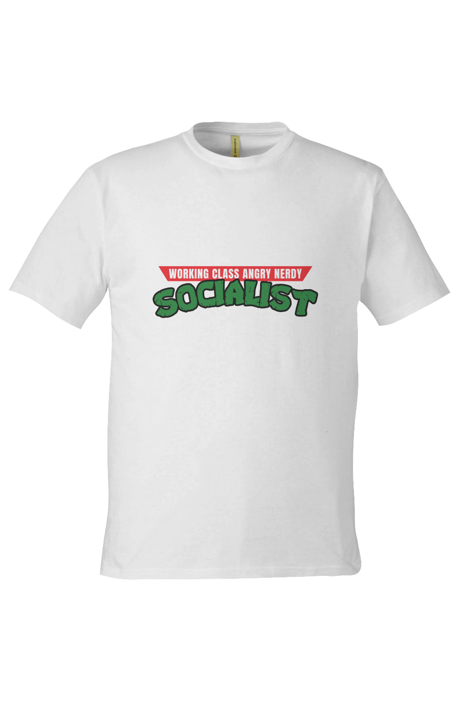 White t-shirt featuring a parody design inspired by the Teenage Mutant Ninja Turtles logo. The top red banner reads “WORKING CLASS ANGRY NERDY” in bold white capital letters, and the word “SOCIALIST” is printed below in large, cracked green lettering with a black outline.
