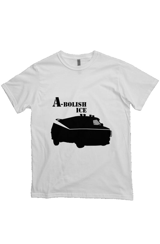 White t-shirt featuring a black stencil-style van with a red stripe, parodying the A-Team vehicle. Above the van, bold black text reads “A-BOLISH ICE” in a military stencil font, referencing immigration abolition in a satirical, retro style.