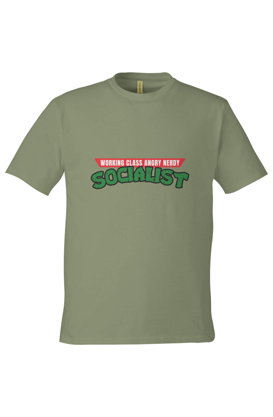 Light olive green t-shirt featuring a parody design inspired by the Teenage Mutant Ninja Turtles logo. The top red banner reads “WORKING CLASS ANGRY NERDY” in bold white capital letters, and the word “SOCIALIST” is printed below in large, cracked green lettering with a black outline.