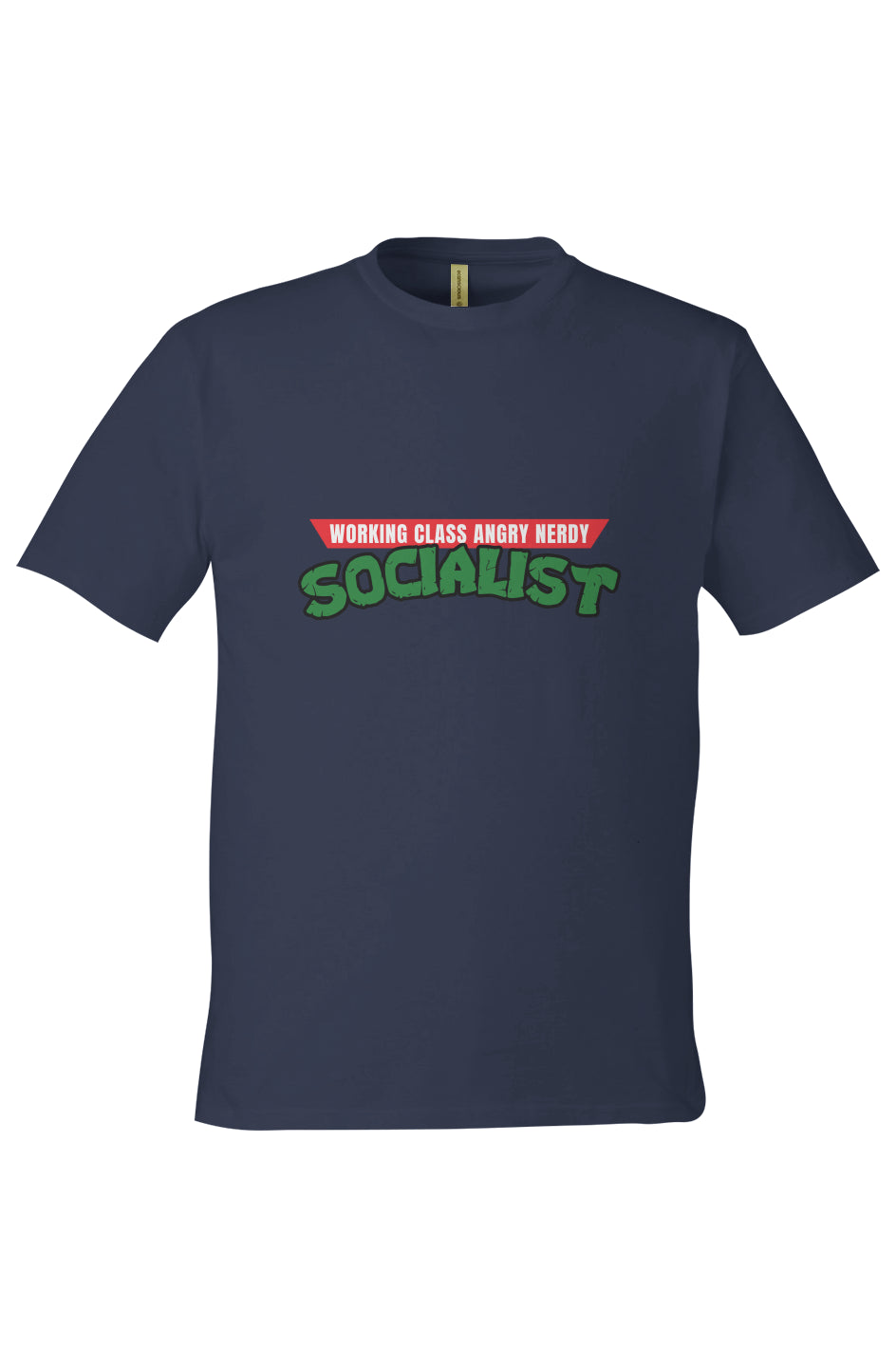 Navy blue t-shirt featuring a parody design inspired by the Teenage Mutant Ninja Turtles logo. The top red banner reads “WORKING CLASS ANGRY NERDY” in bold white capital letters, and the word “SOCIALIST” is printed below in large, cracked green lettering with a black outline.